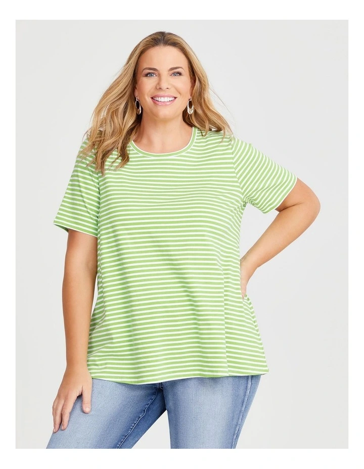 Cotton Crew Neck Stripe T-shirt in Kiwi Green/White image 1