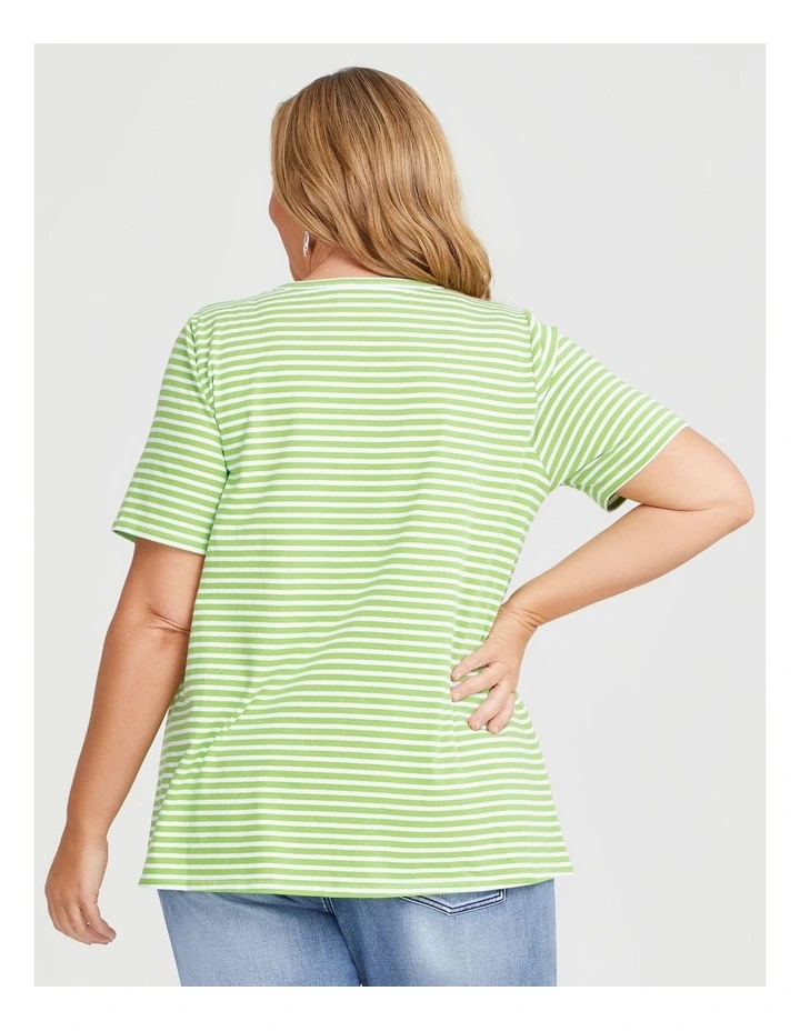 Cotton Crew Neck Stripe T-shirt in Kiwi Green/White image 2