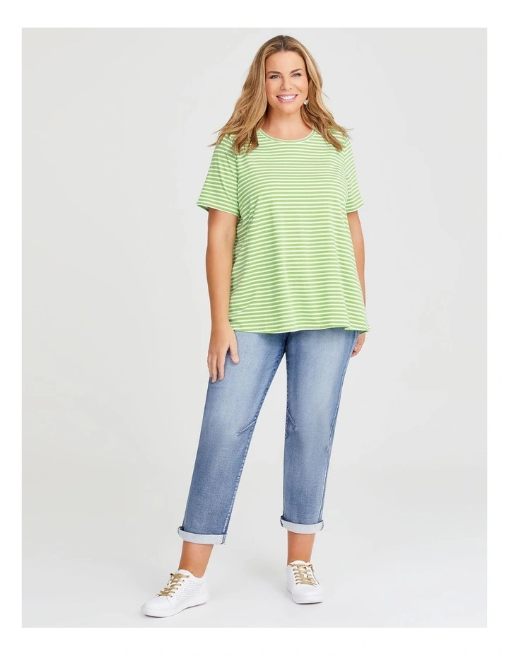 Cotton Crew Neck Stripe T-shirt in Kiwi Green/White image 3