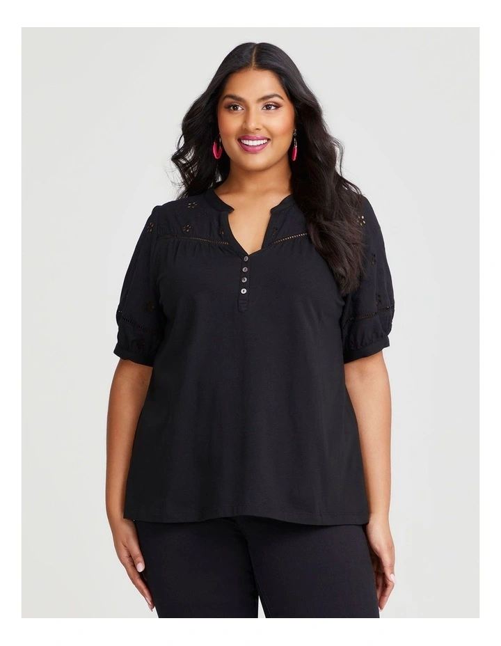 Cotton Broderie Puff Sleeve T-shirt in Black image 1