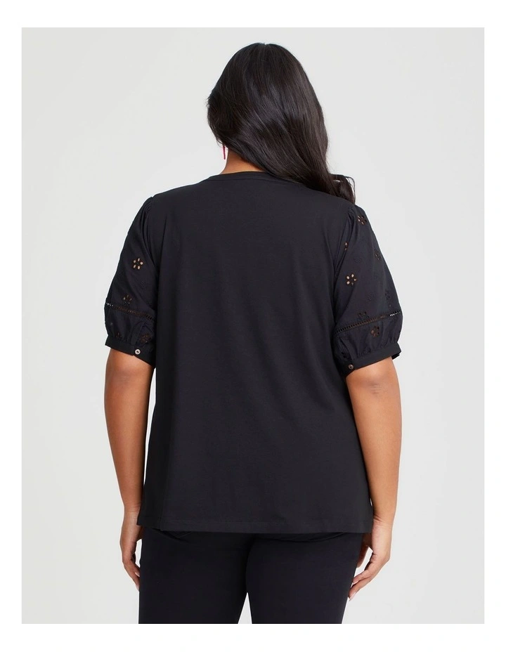 Cotton Broderie Puff Sleeve T-shirt in Black image 2