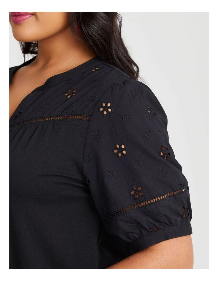 Cotton Broderie Puff Sleeve T-shirt in Black image 3