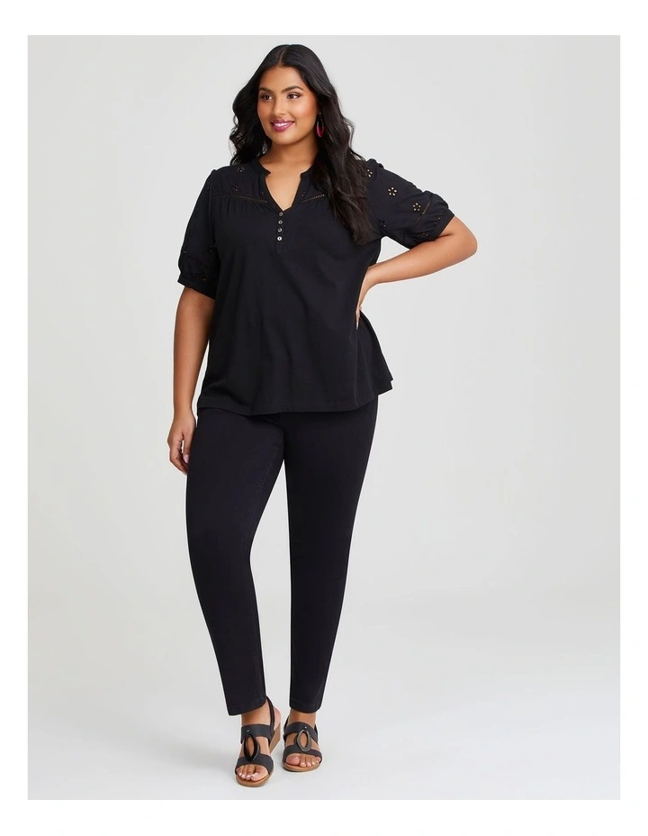Cotton Broderie Puff Sleeve T-shirt in Black image 4