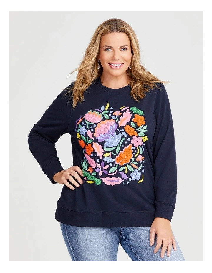 Cotton Embroidery Sweatshirt in Navy image 1
