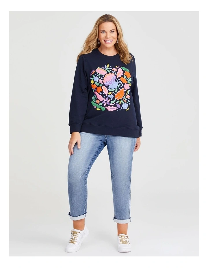Cotton Embroidery Sweatshirt in Navy image 3
