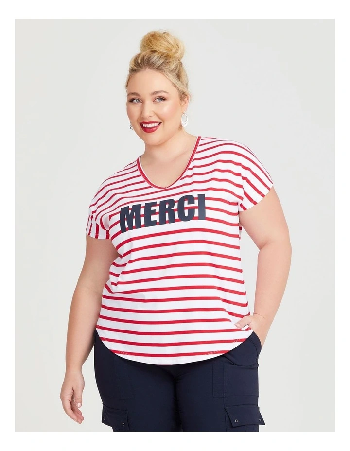 Cotton Stripe Merci T shirt in Rouge/White image 1