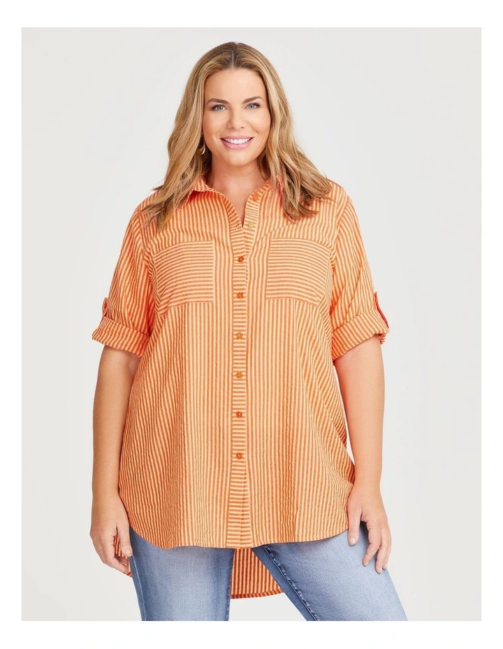 Cotton Seersucker Stripe Shirt in Orange image 1