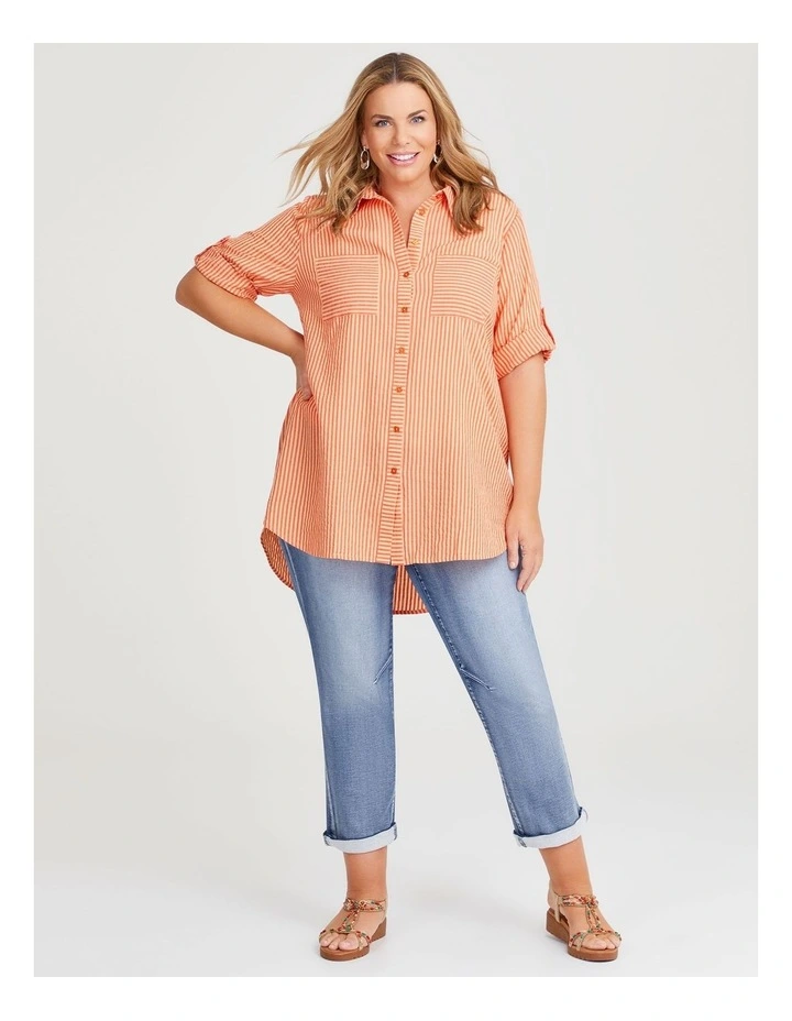 Cotton Seersucker Stripe Shirt in Orange image 3