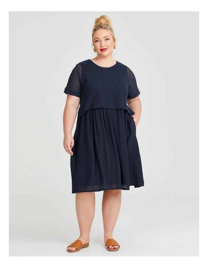 Natural Open Gauze Overlay Dress in Navy image 1