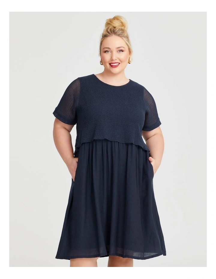 Natural Open Gauze Overlay Dress in Navy image 4