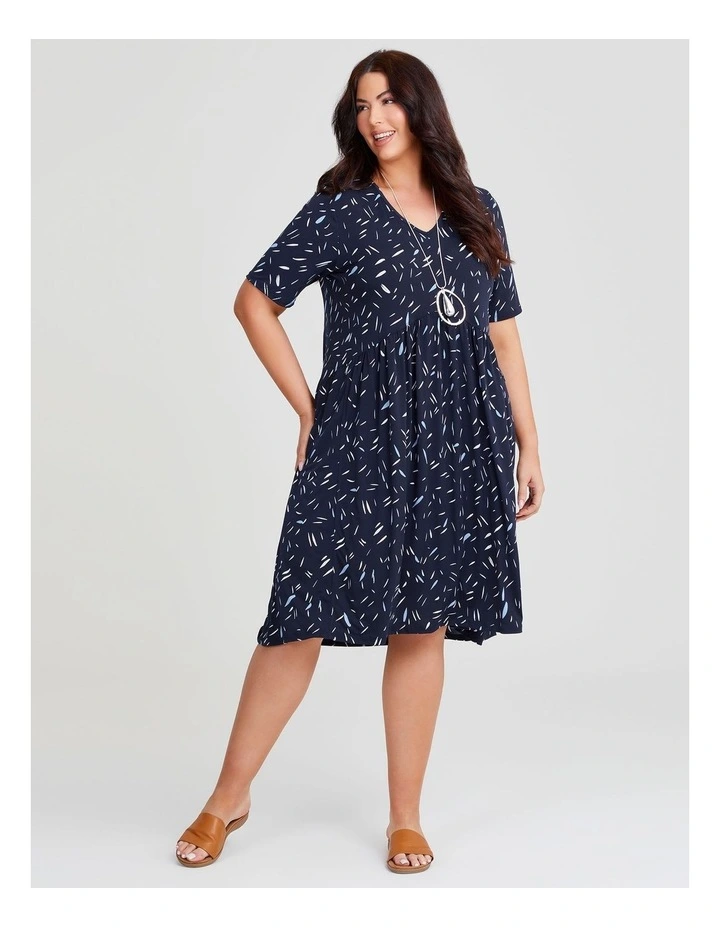 V-neck Printed Dress in Navy image 1