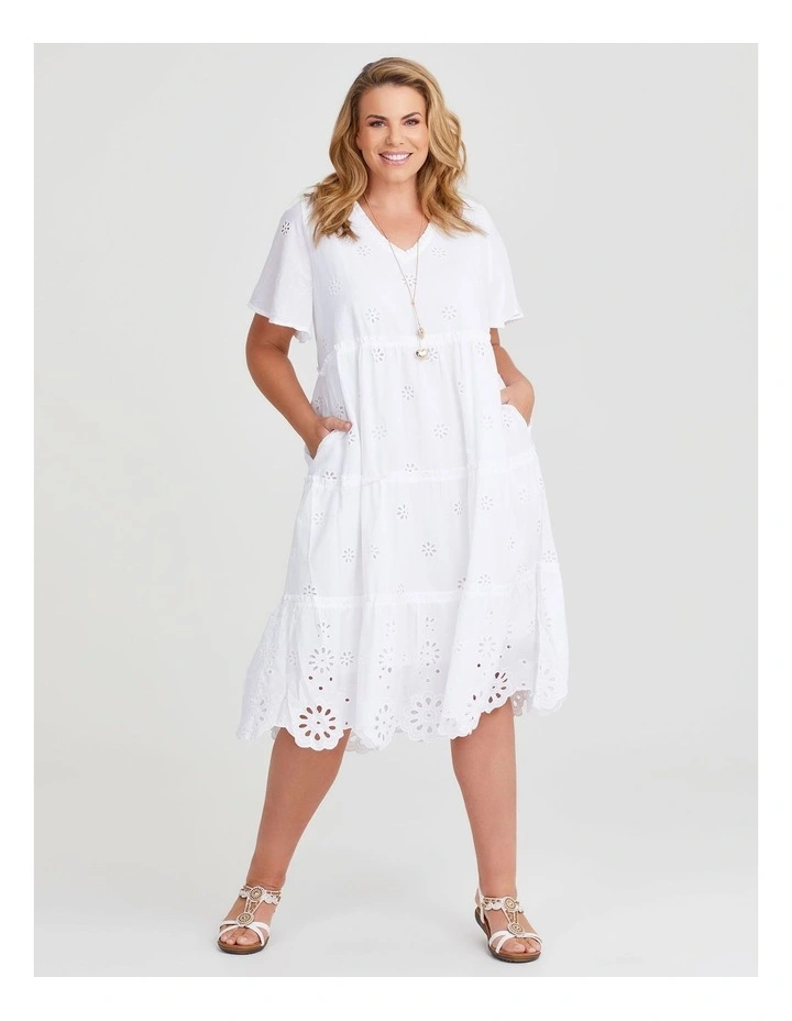 Cotton Broderie Tiered Dress in White image 1