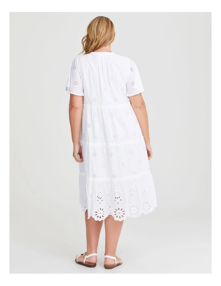 Cotton Broderie Tiered Dress in White image 2