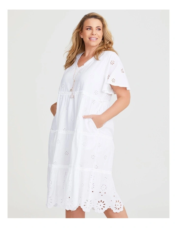 Cotton Broderie Tiered Dress in White image 3
