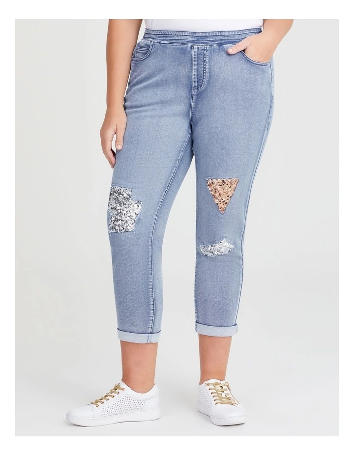 Sequin Embellished Denim Jogger in Light Blue Denim image 1