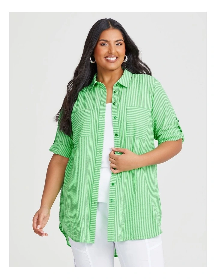 Cotton Seersucker Stripe Shirt in Summer Green image 3