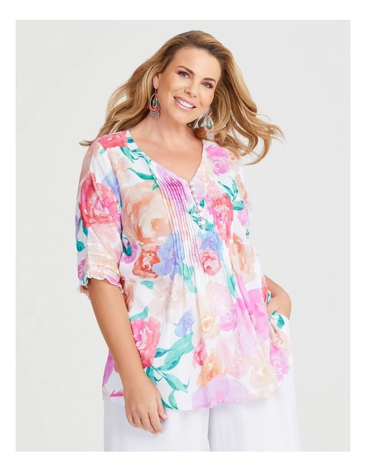 Cotton Watercolour Pintuck Top in Multi image 1