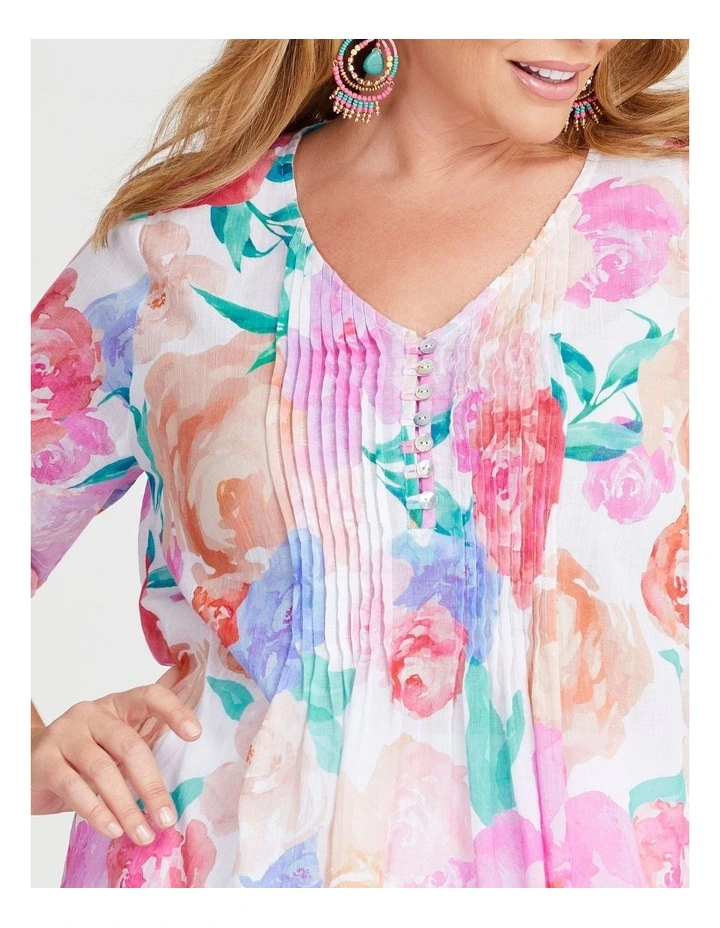 Cotton Watercolour Pintuck Top in Multi image 3
