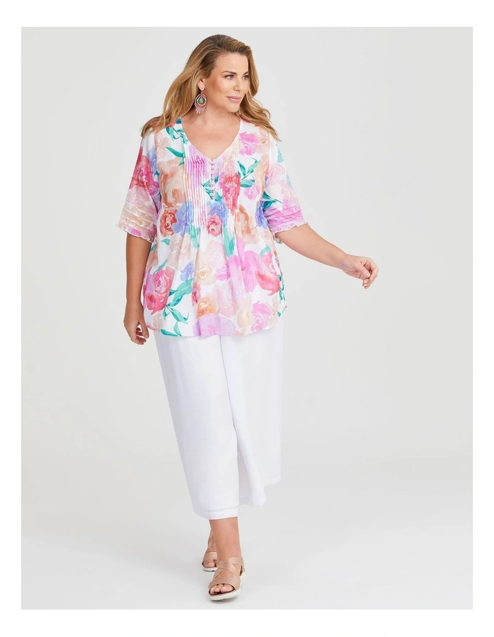 Cotton Watercolour Pintuck Top in Multi image 4