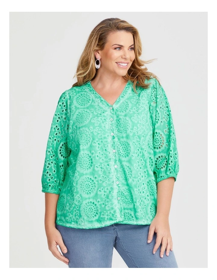 Cotton Broderie Button Top in Ice Green image 1