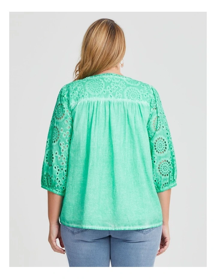 Cotton Broderie Button Top in Ice Green image 2