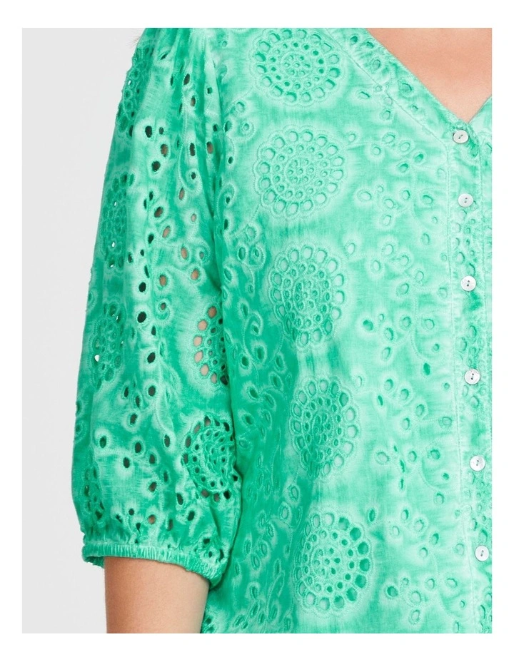 Cotton Broderie Button Top in Ice Green image 3