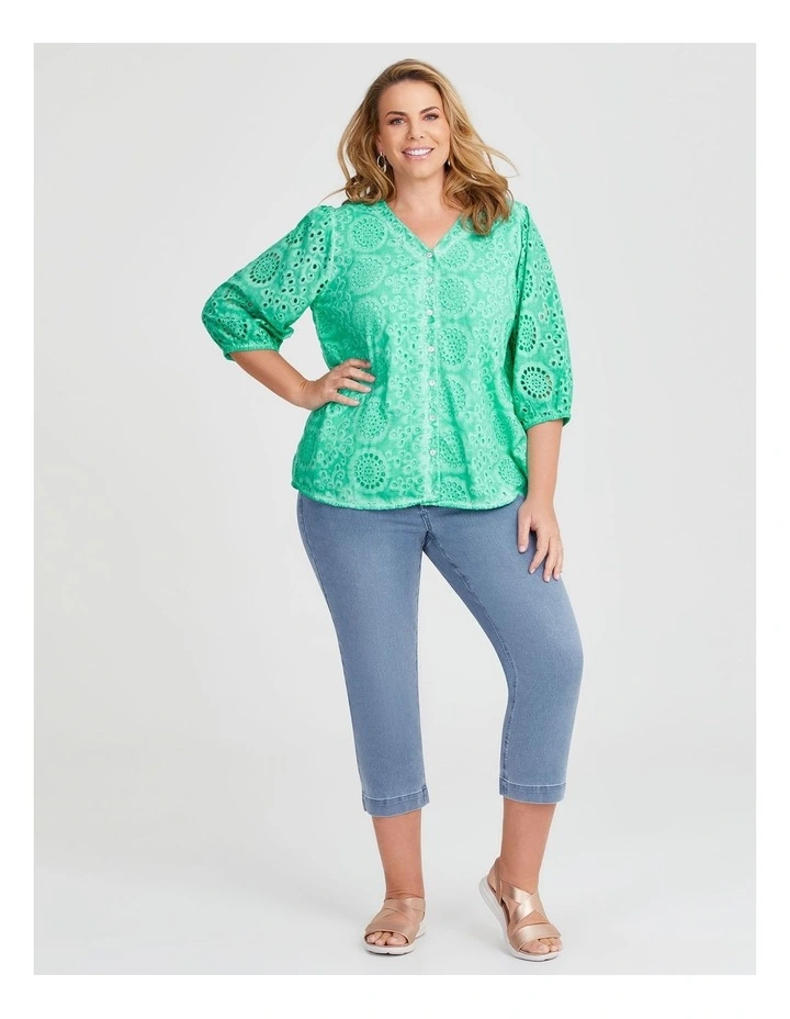 Cotton Broderie Button Top in Ice Green image 4