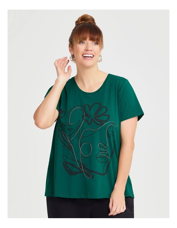 Cotton Linear Abstract T-shirt in Deep Jungle image 1