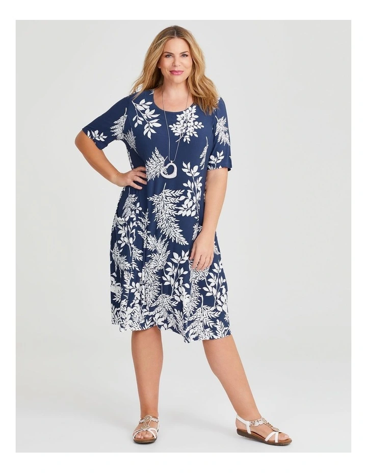Botanical Leaf Luna A-line Dress in Dark Indigo Print image 1