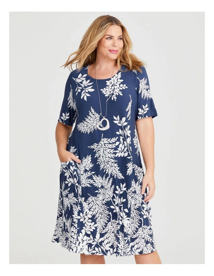 Botanical Leaf Luna A-line Dress in Dark Indigo Print image 3