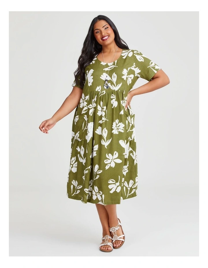 Natural Pocket Midi Dress in Khaki/White image 1