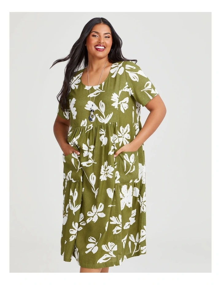 Natural Pocket Midi Dress in Khaki/White image 2