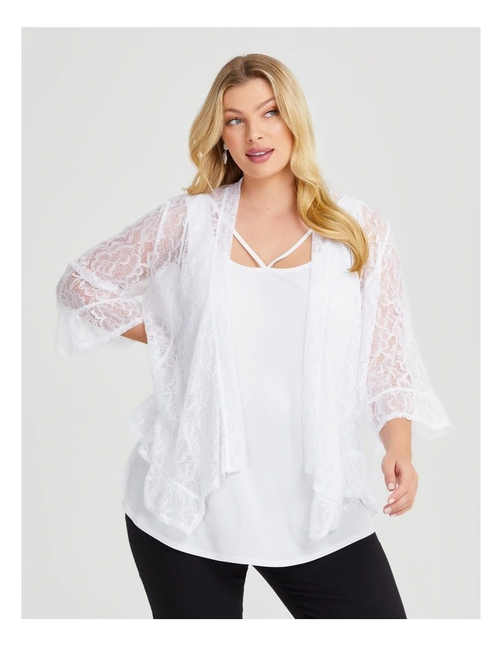 Lace Ruffle Trim Cardigan in White image 1