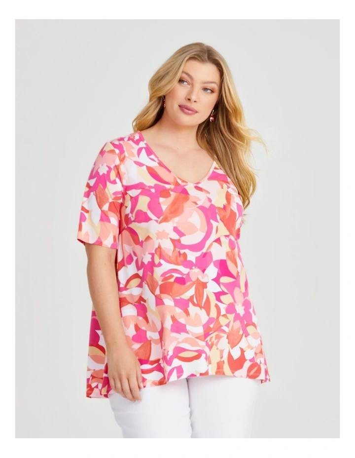 V Neck Printed Top in Orange/Pink image 1
