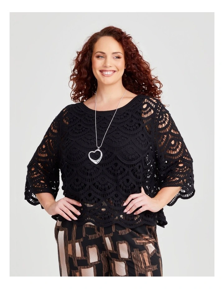 Crochet Cotton Knit Top in Black image 1
