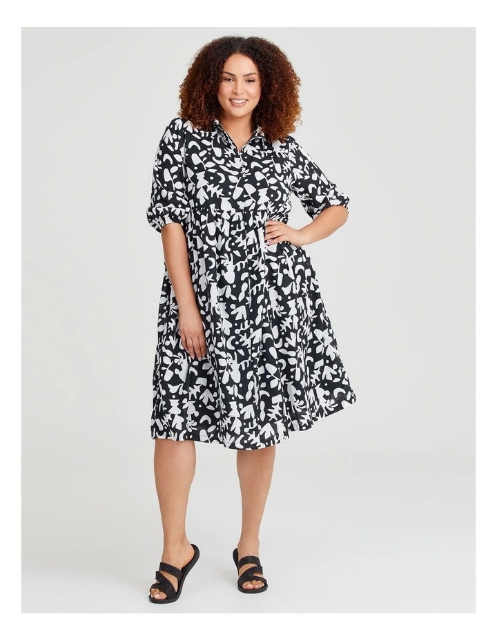 Cotton Collared Printed Dress in Black/Vanilla image 1