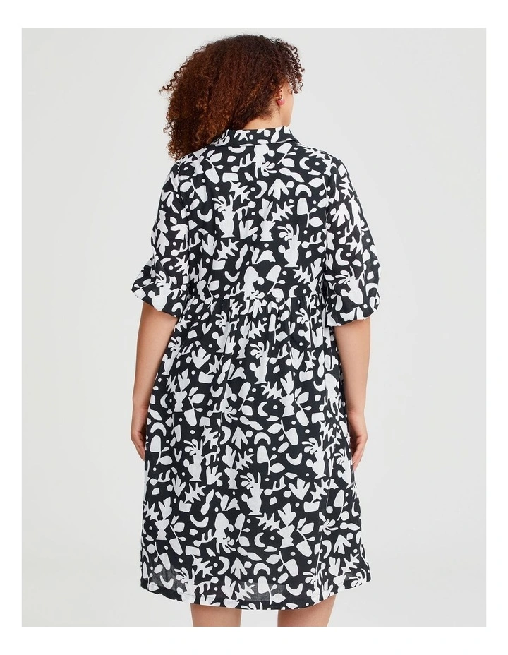 Cotton Collared Printed Dress in Black/Vanilla image 2