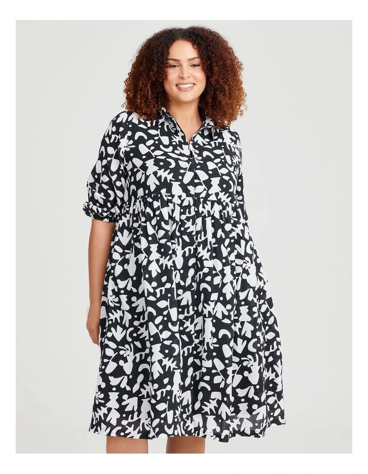 Cotton Collared Printed Dress in Black/Vanilla image 3