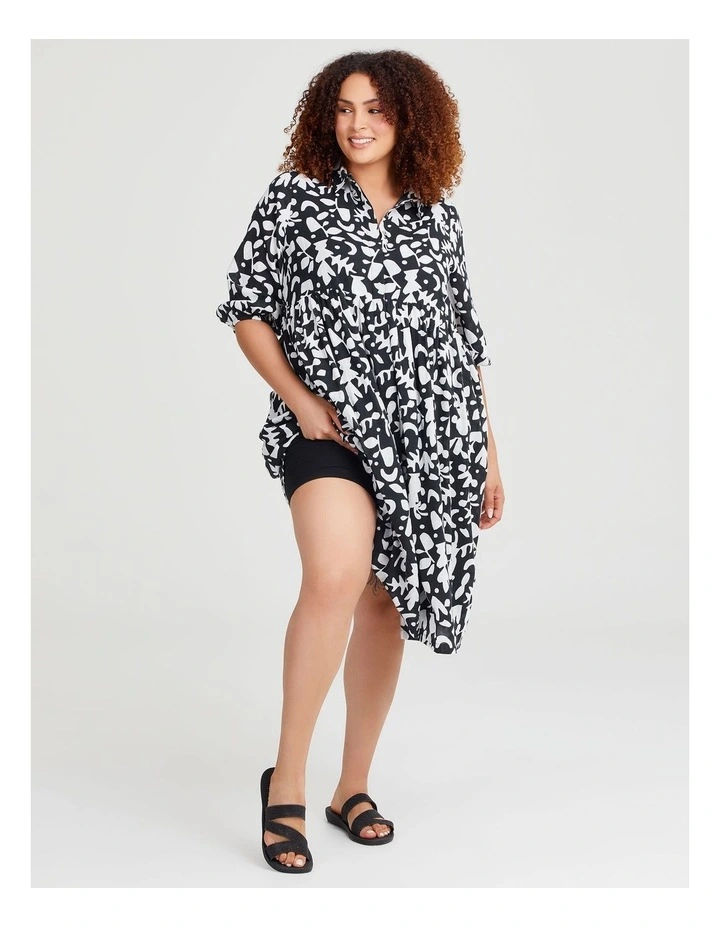 Cotton Collared Printed Dress in Black/Vanilla image 5