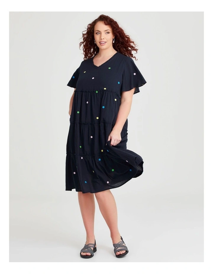 Cotton Embroidery Spot Dress in Navy image 1