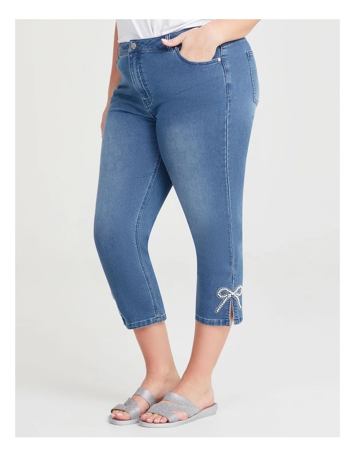 Bow Detail Crop Denim Jeans in Mid Blue image 1