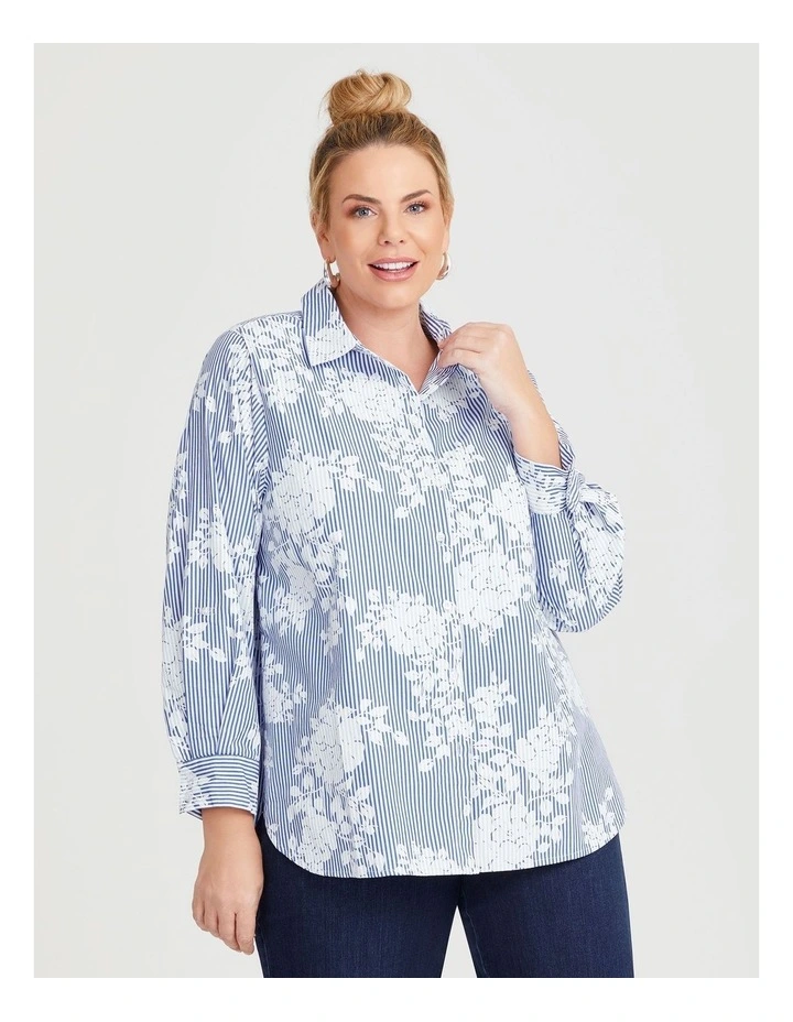 Cotton Stripe Floral Shirt in Blue/White image 1