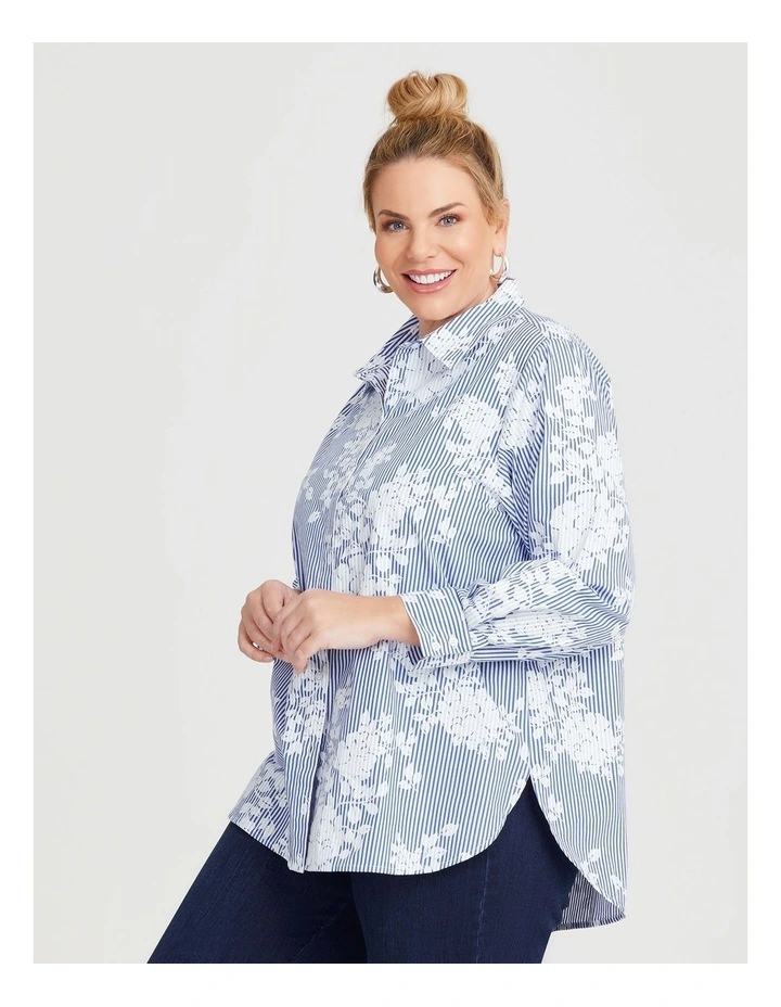 Cotton Stripe Floral Shirt in Blue/White image 3