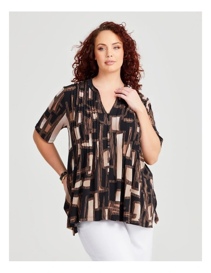 Zoe Zip Neck Pintuck Luna Top in Black/Clay Print image 1
