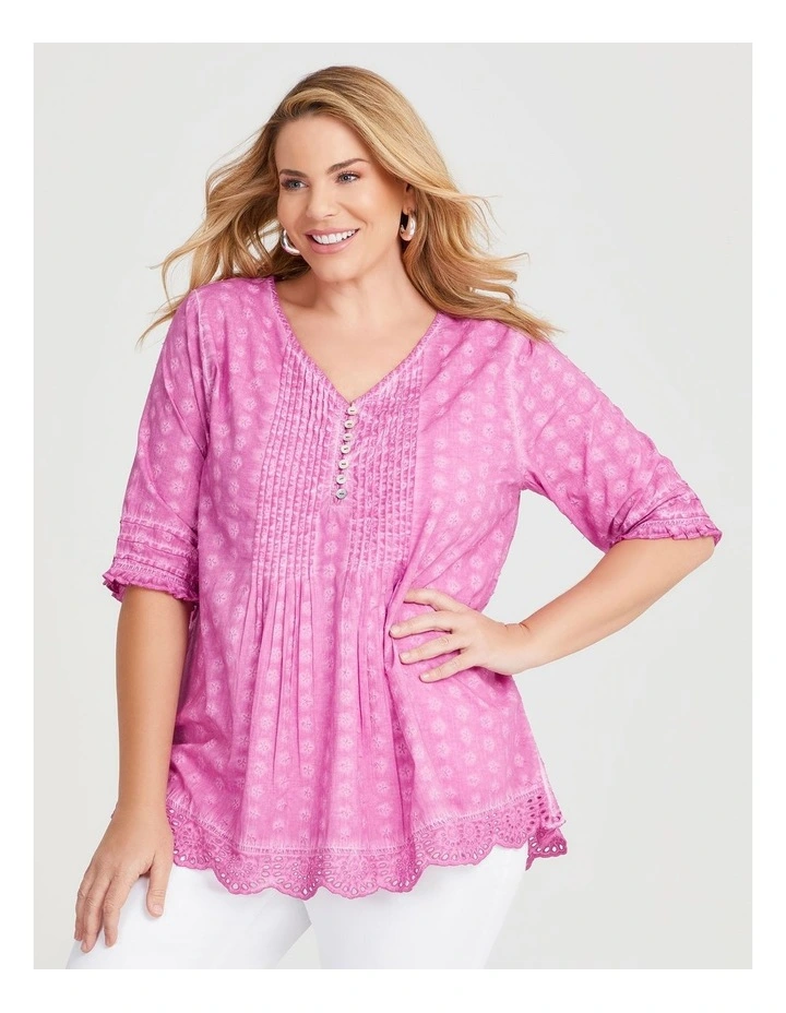 Cotton Dobby Pintuck Top in Magenta image 1