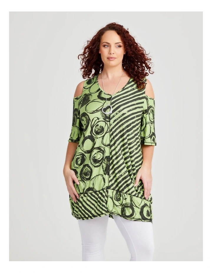 Cold Shoulder Bamboo Crush Tunic in Celery Print image 1