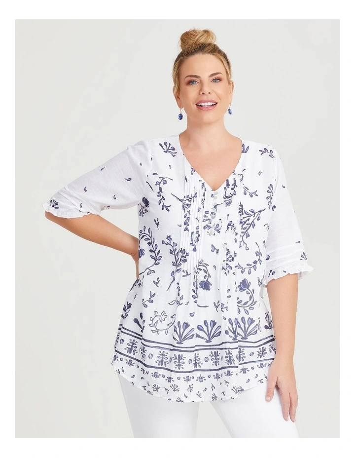 Cotton Border Print Pintuck Top in Navy/Off White image 1
