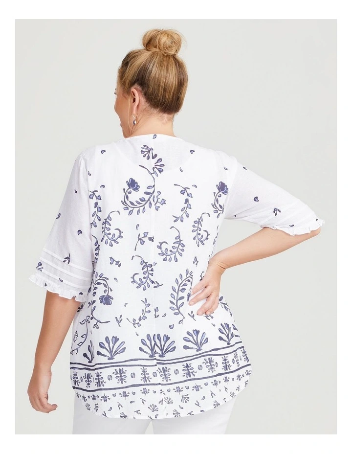 Cotton Border Print Pintuck Top in Navy/Off White image 2