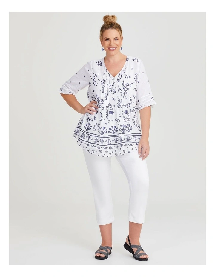 Cotton Border Print Pintuck Top in Navy/Off White image 4