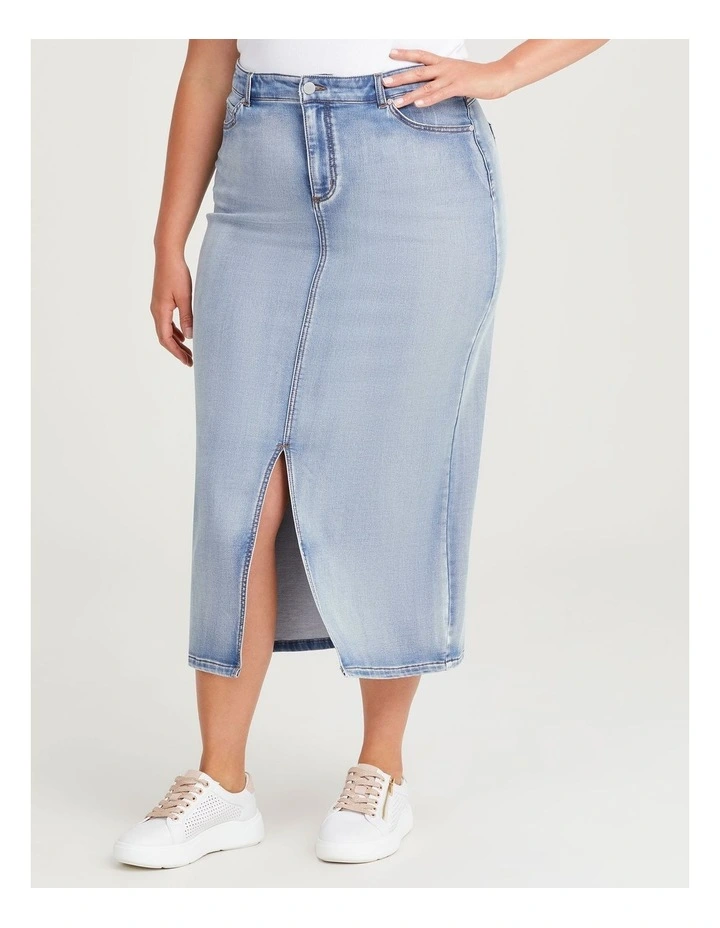 Cotton Blend Denim Maxi Skirt in Light Blue Denim image 1